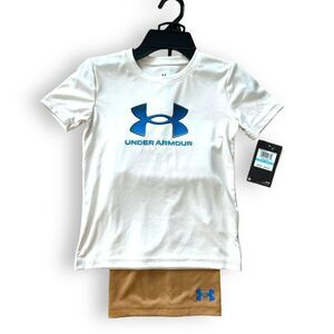 Under Amour Boys Short Shirt Set 2-Piece Set Casual Nubuck Tan White Size 5 NWT